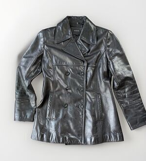 GUESS Women Black Leather Jacket PeaCoat Blazer Matrix Classic M VTG Heavy